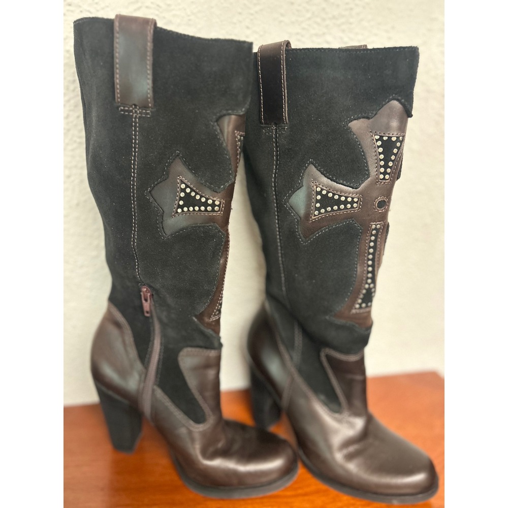 MIA Brown Leather Black Suede Studded Cross Tall Western Block Heel Boots 7 1/2